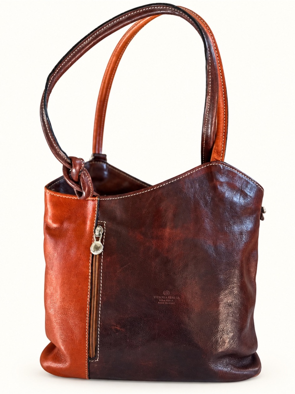 Vittoria Veneta Italian Leather Convertible Bag Two Tone Brown Cognac